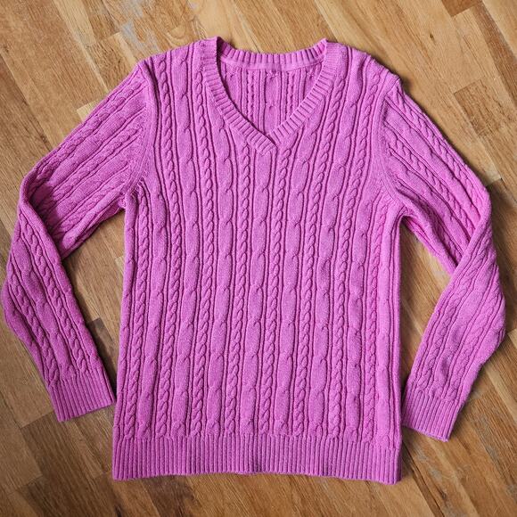 Womens Pink Cable Knit Cotton Sweater Size Medium V Neck Pullover Classic Preppy - Picture 8 of 8